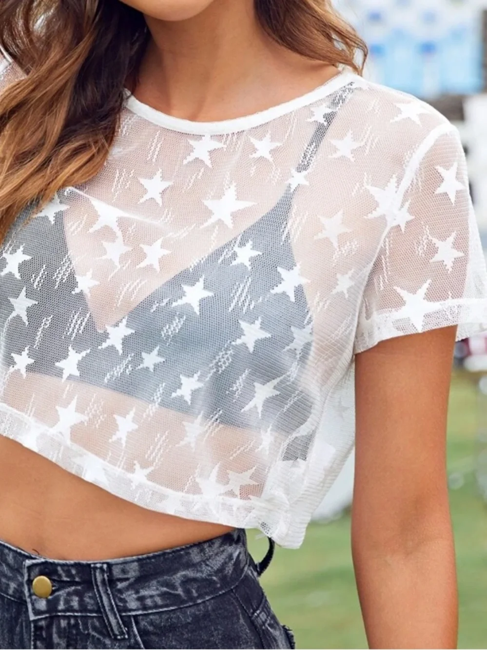 White Sheer Star Mesh Crop Festival Patriotic Top - Picture 3 of 6